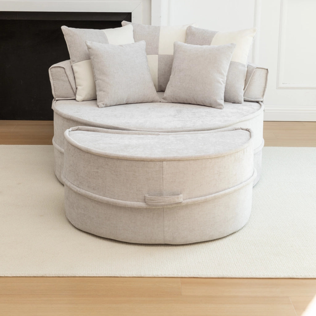 Poltrona lounge rotonda moderna con pouf e 5 cuscini in ciniglia grigia