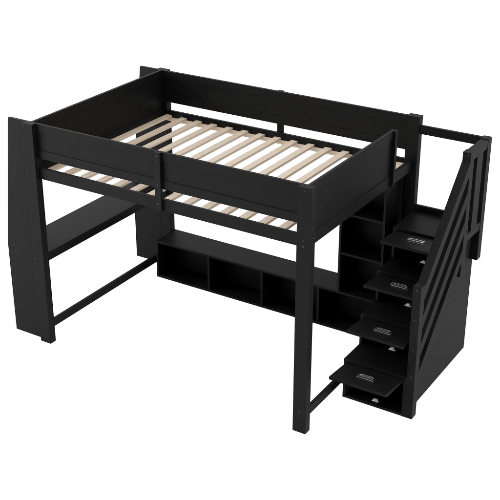 Letto a soppalco 140x200 in legno con scrivania e LED; nero