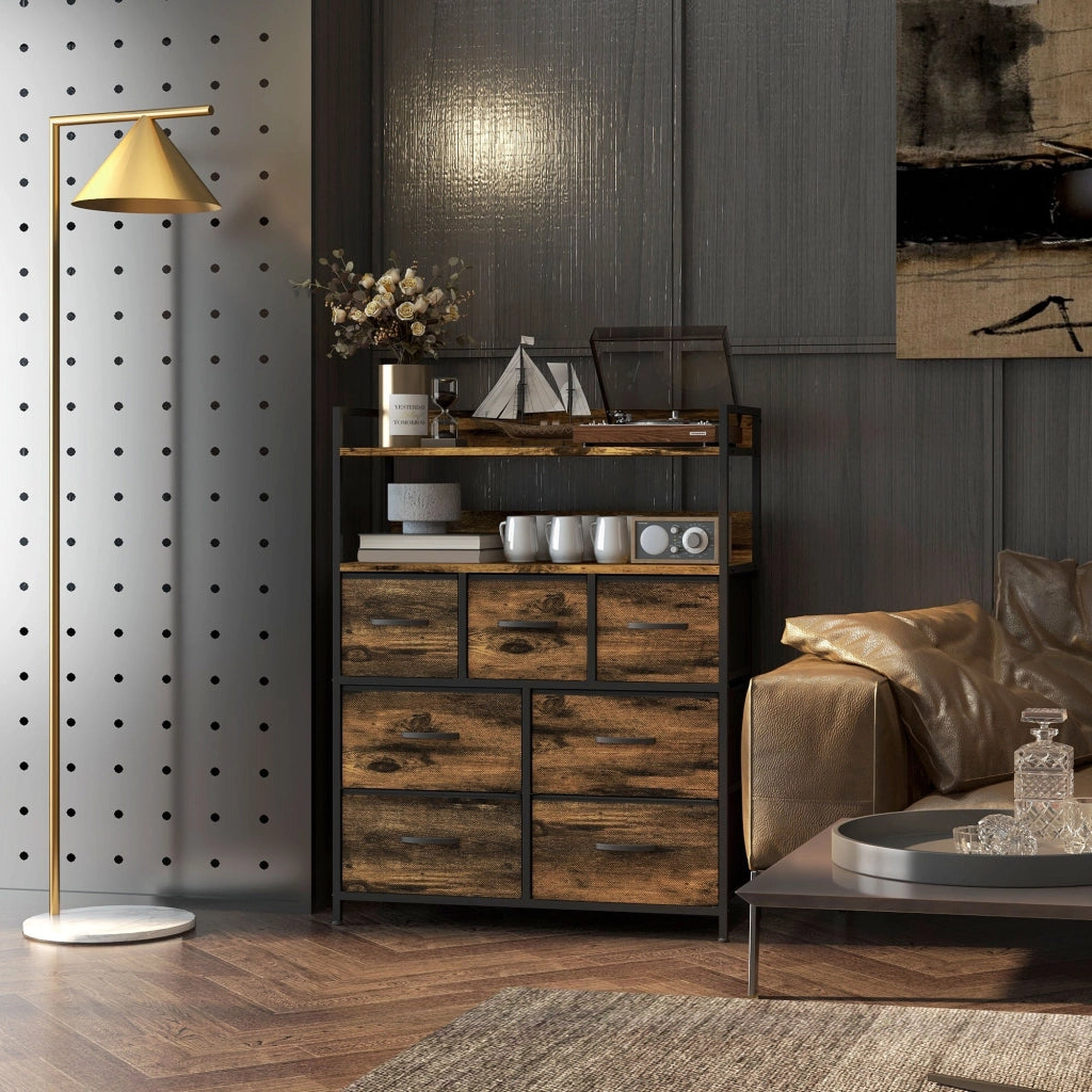 Cassettiera Stile Industriale con 7 Cassetti in Tessuto Rimovibili 79x29x101 cm Struttura in Legno e Acciaio Marrone e