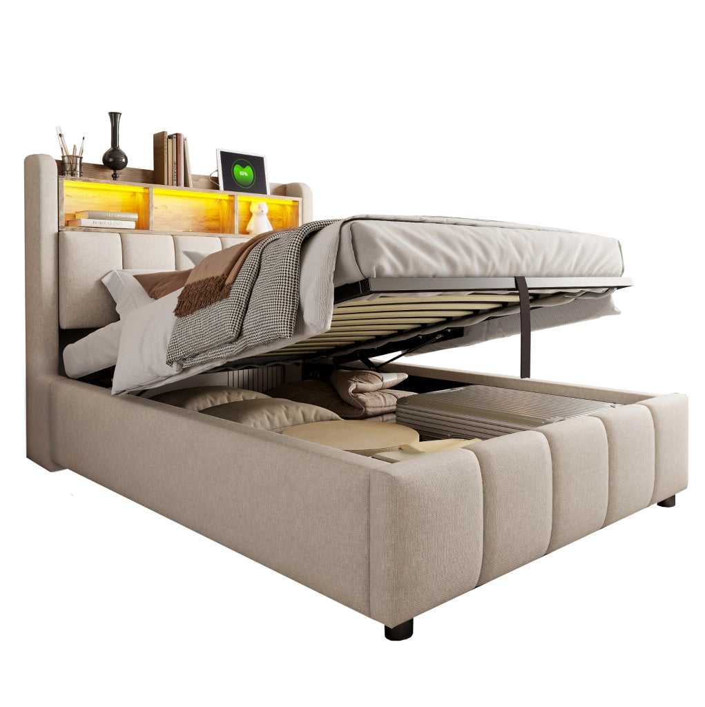 Letto singolo imbottito 90x200 cm beige con LED e USB
