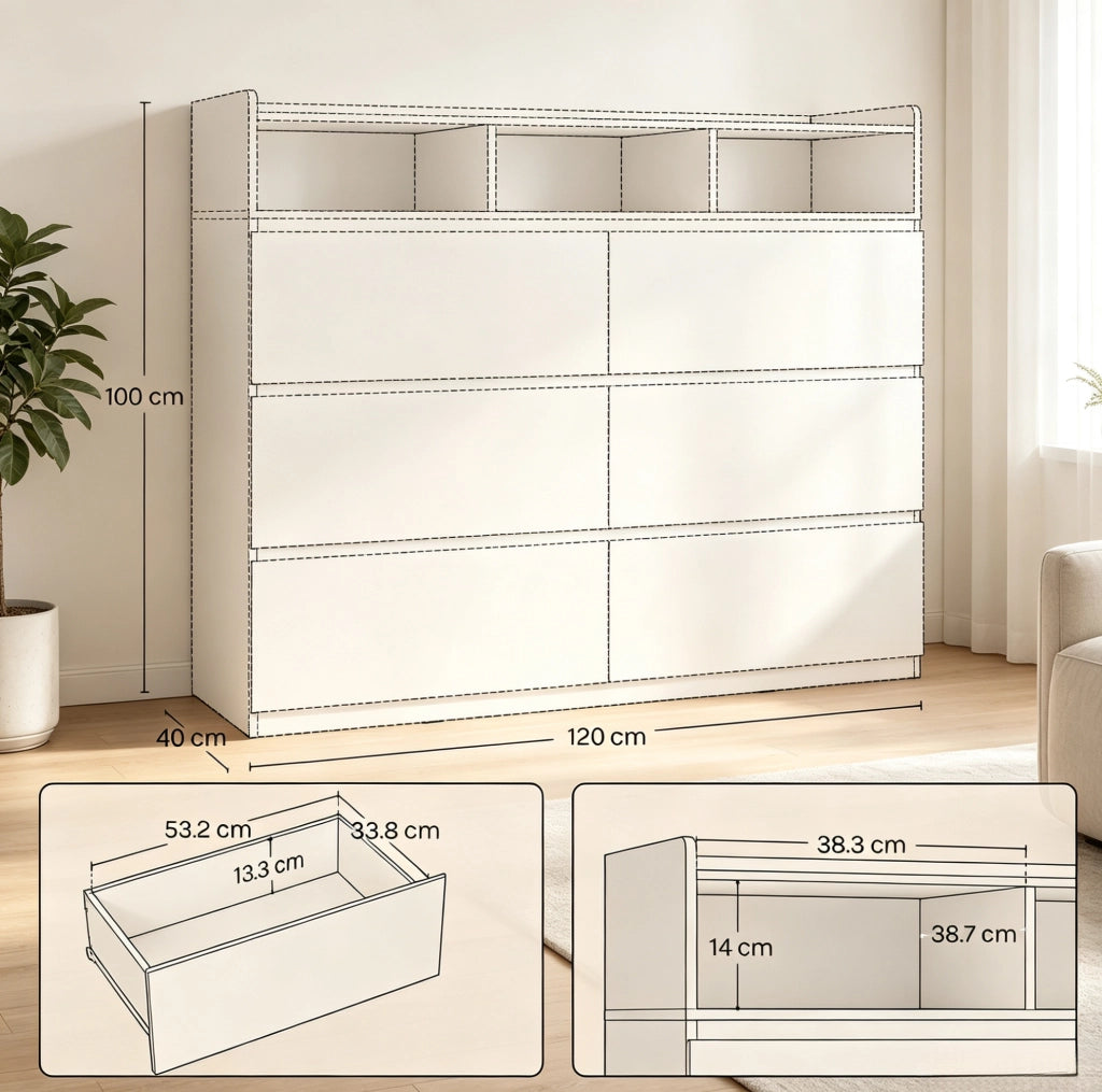 Cassettiera moderna nera con 6 cassetti e 3 vani aperti 120x40x100 cm in pannello E1
