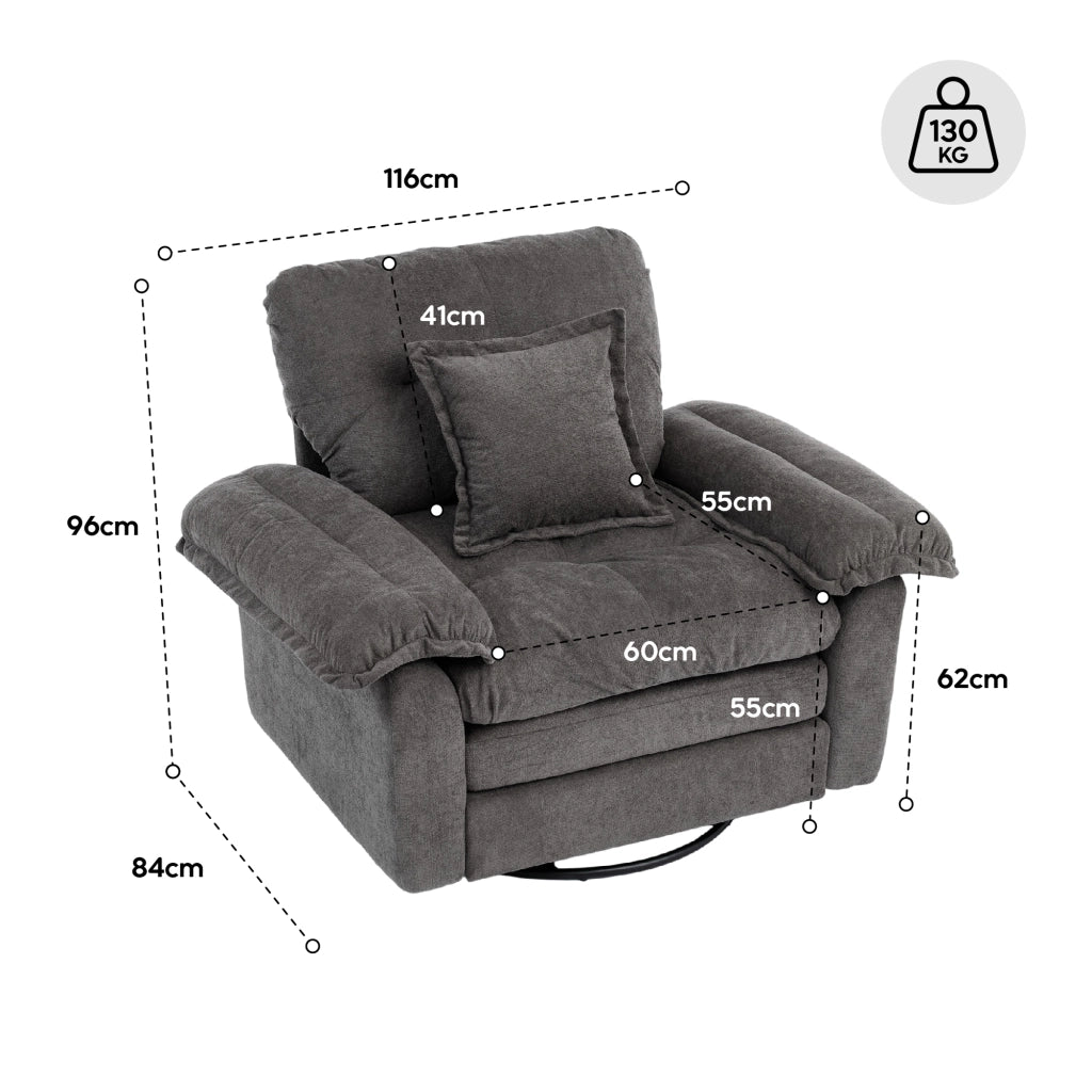 Divano dritto 2 pezzi con sedute profonde, cuscini e poltrona girevole, in tessuto chenille beige