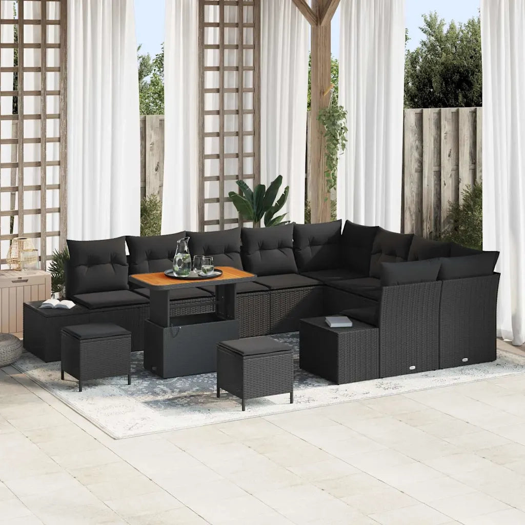 Set Divano da Giardino con cuscino 12 pcs Nero Poly Rattan