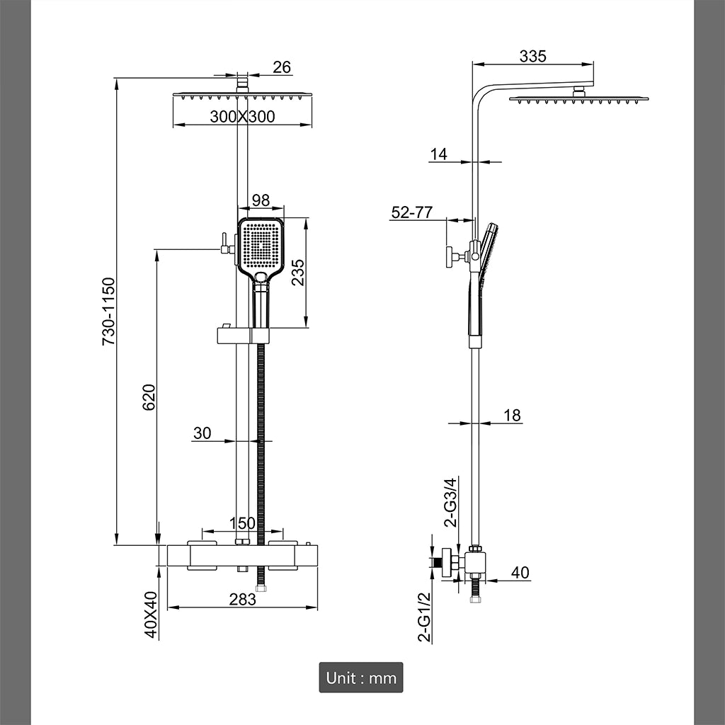 AICA Colonna doccia con miscelatore termostatico, rubinetto doccia 28x4cm, soffione doccia quadrato 30x30cm in acciaio inox cromato
