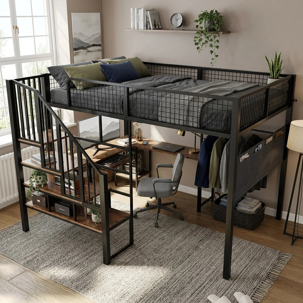 Letto a soppalco 2 posti 140 x 200 cm con presa, scrivania d'angolo in L e mensola tastiera, letto matrimoniale con tasca laterale, rete inclusa, nero