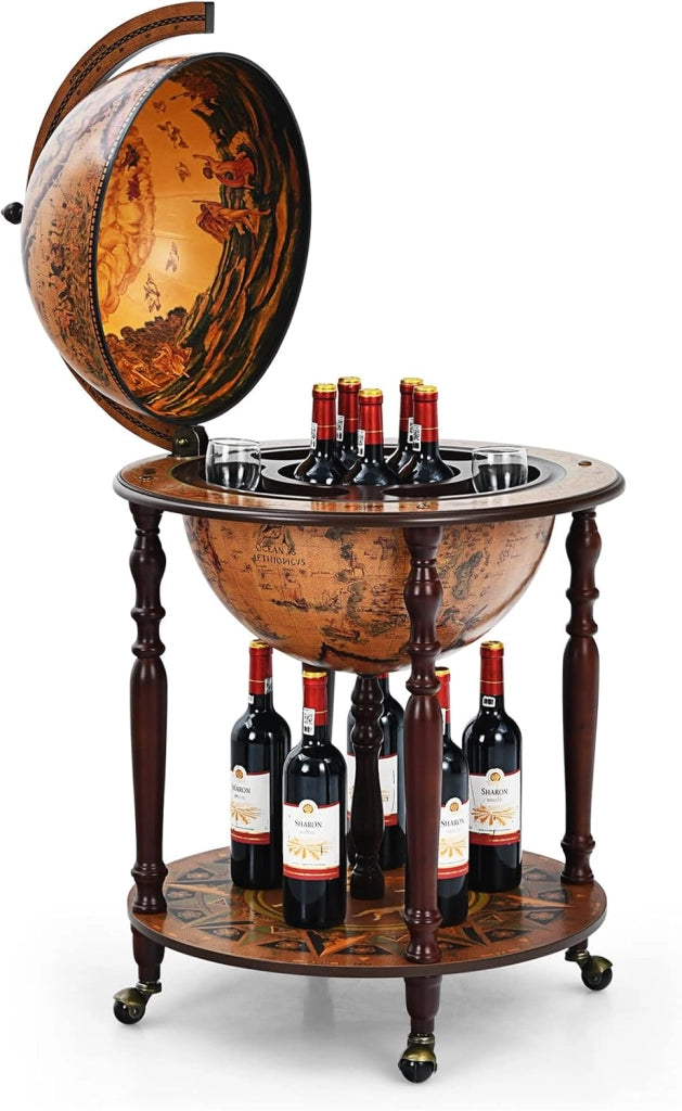 Porta Liquori Mappamondo, Portavino con Ruote, Credenza per Vino con Stile Retrò per Bar Sala da Pranzo e Salone, Diametro 45 cm