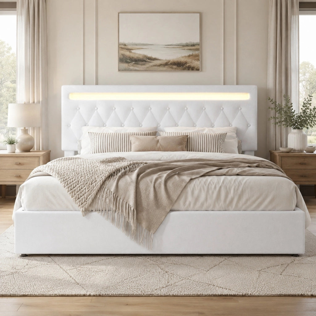 Letto imbottito 180 x 200 cm con sollevamento idraulico e luce LED
