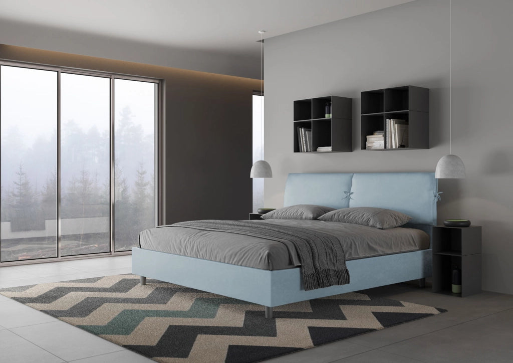 BS COM Letto matrimoniale king size contenitore imbottito 180x210 microfibra azzurro