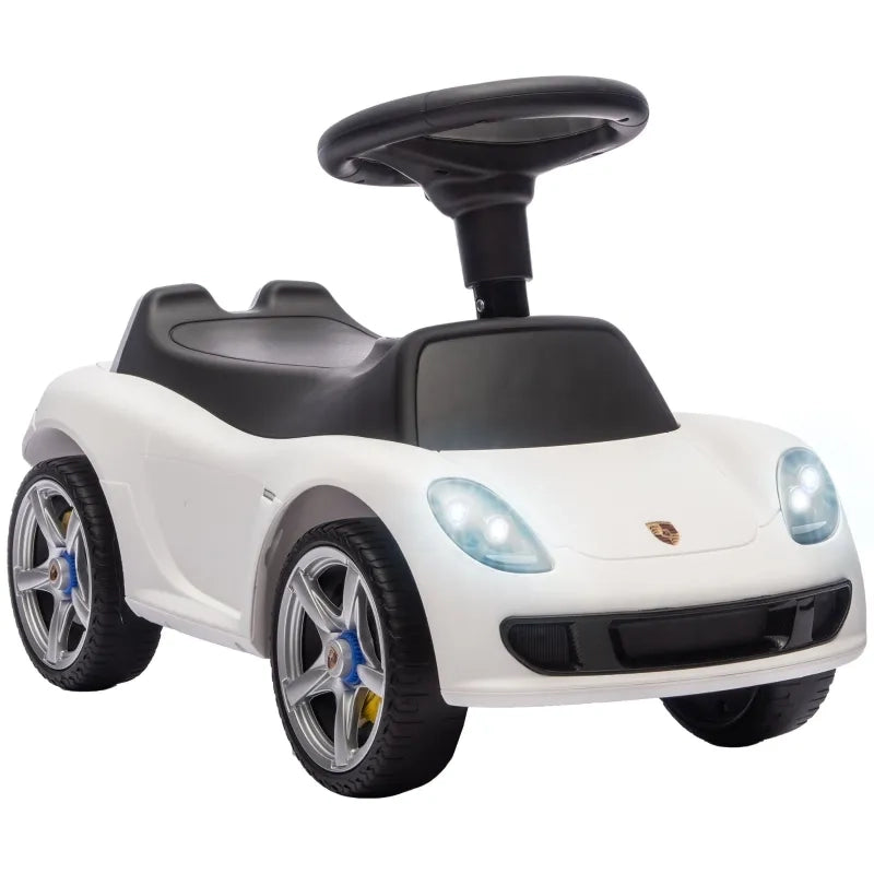 Auto a spinta per bambini Porsche bianca, con clacson, luci e suoni del motore, per 18-36 mesi