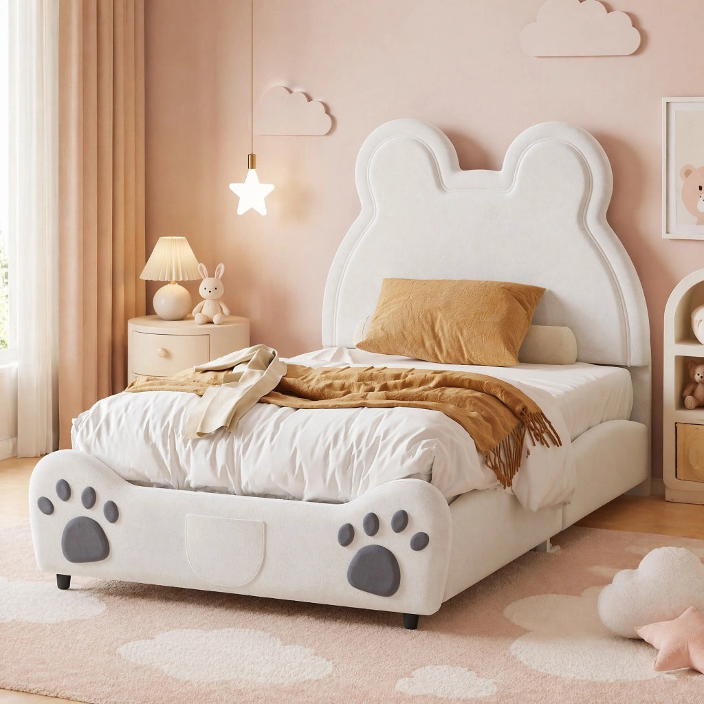 Letto imbottito per bambini a forma di orso; 90 x 200 cm; velluto bianco