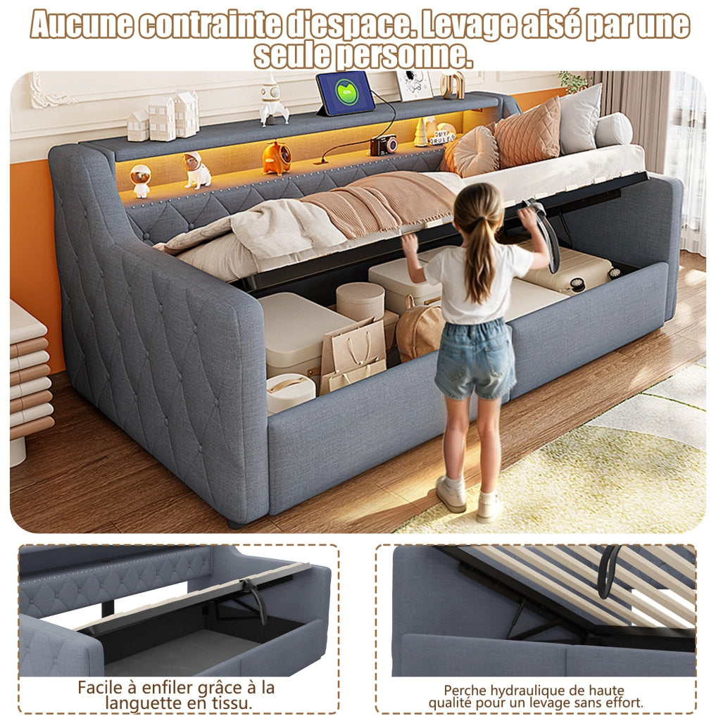 Daybed 90 x 200 cm con vano contenitore idraulico; LED; USB e USB-C; lino e MDF grigio