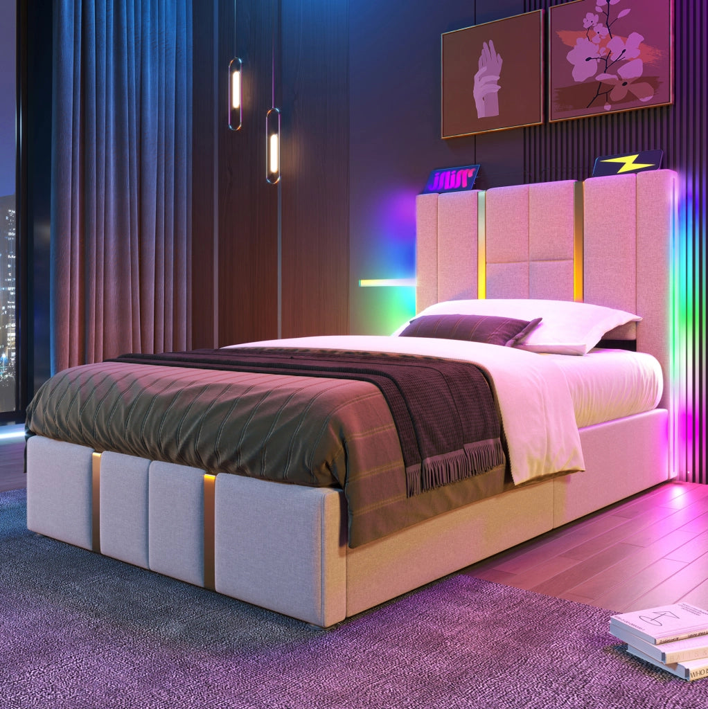 Letto imbottito 90x200 cm in lino beige con LED RGB, USB e Type-C, contenitore e rete a doghe