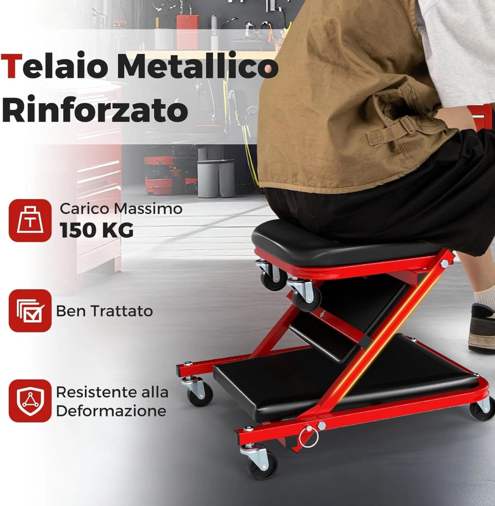 2 in 1 Sgabello da Officina a Forma di Z, Carrello Meccanico sotto Auto con Sedile Imbottito e Ruote Girevoli a 360°, Portata 150 kg, per Garage e Officina (Nero)
