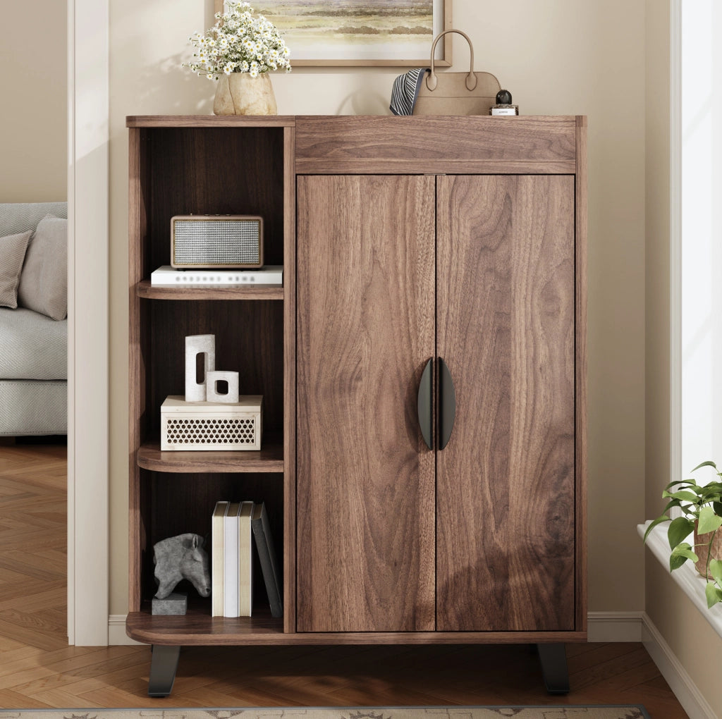 Schmaler Schuhschrank mit Doppeltüren und offenen Fächern, Nussbaumoptik, 80x32x99 cm, platzsparend für Flur und kleine Räume