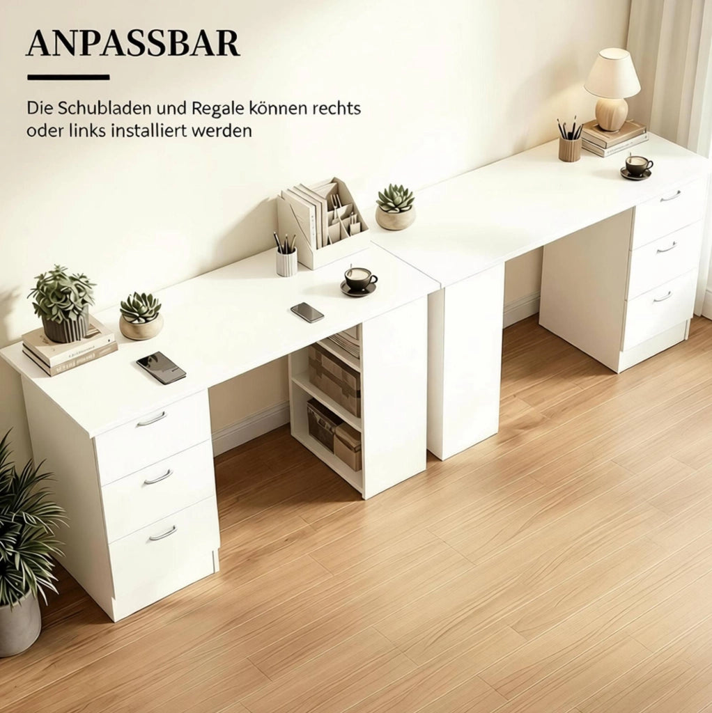 Scrivania bianca in MDF con 3 cassetti e 3 ripiani