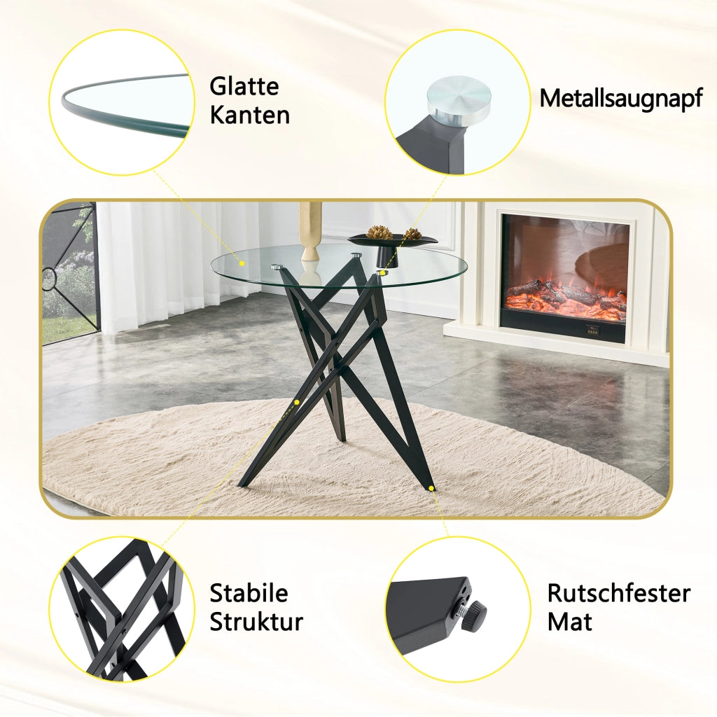 Tavolino da salotto rotondo moderno con piano in vetro temperato e base geometrica in metallo per soggiorno, nero