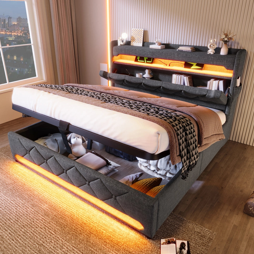 Letto matrimoniale 140 × 200 cm con materasso contenitore in lino grigio LED 360 gradi USB e porta Type C
