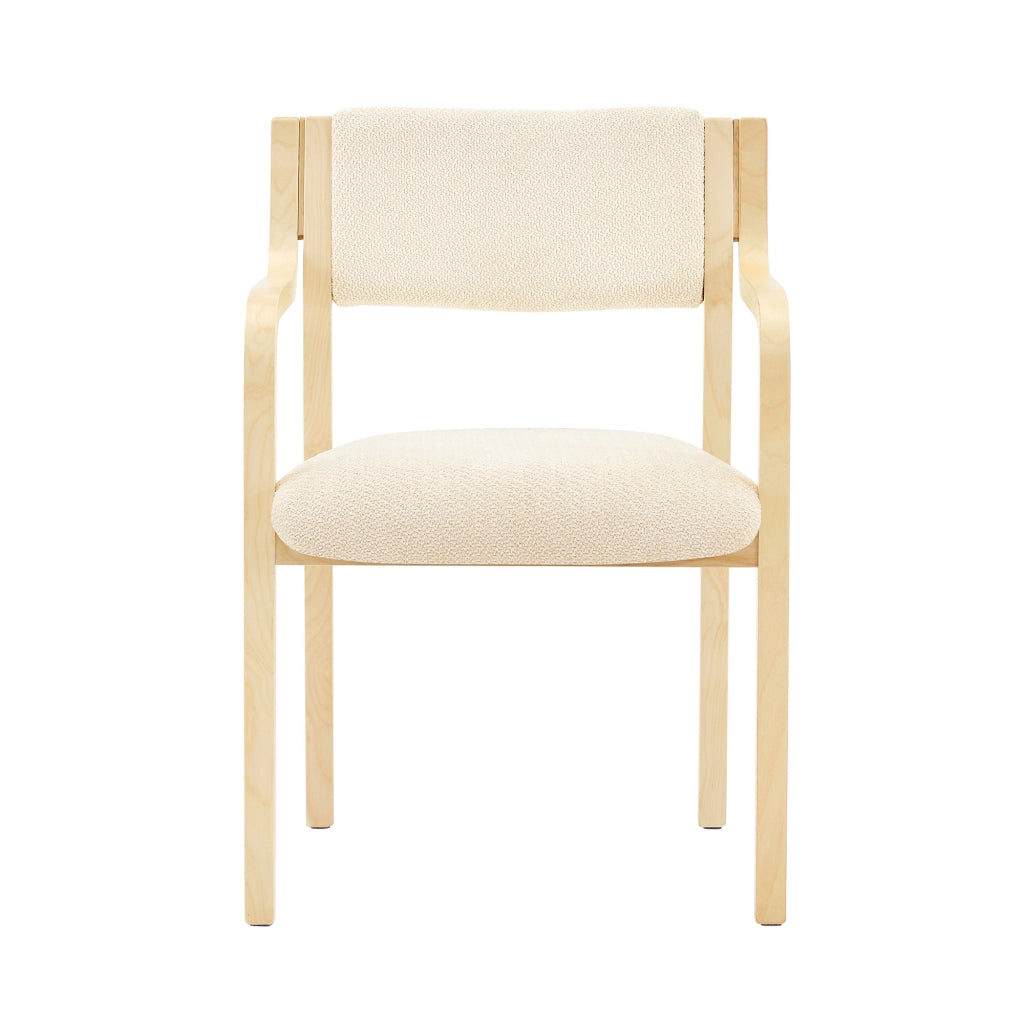 Sedia da pranzo con braccioli e schienale ergonomico in legno e tessuto teddy bianco