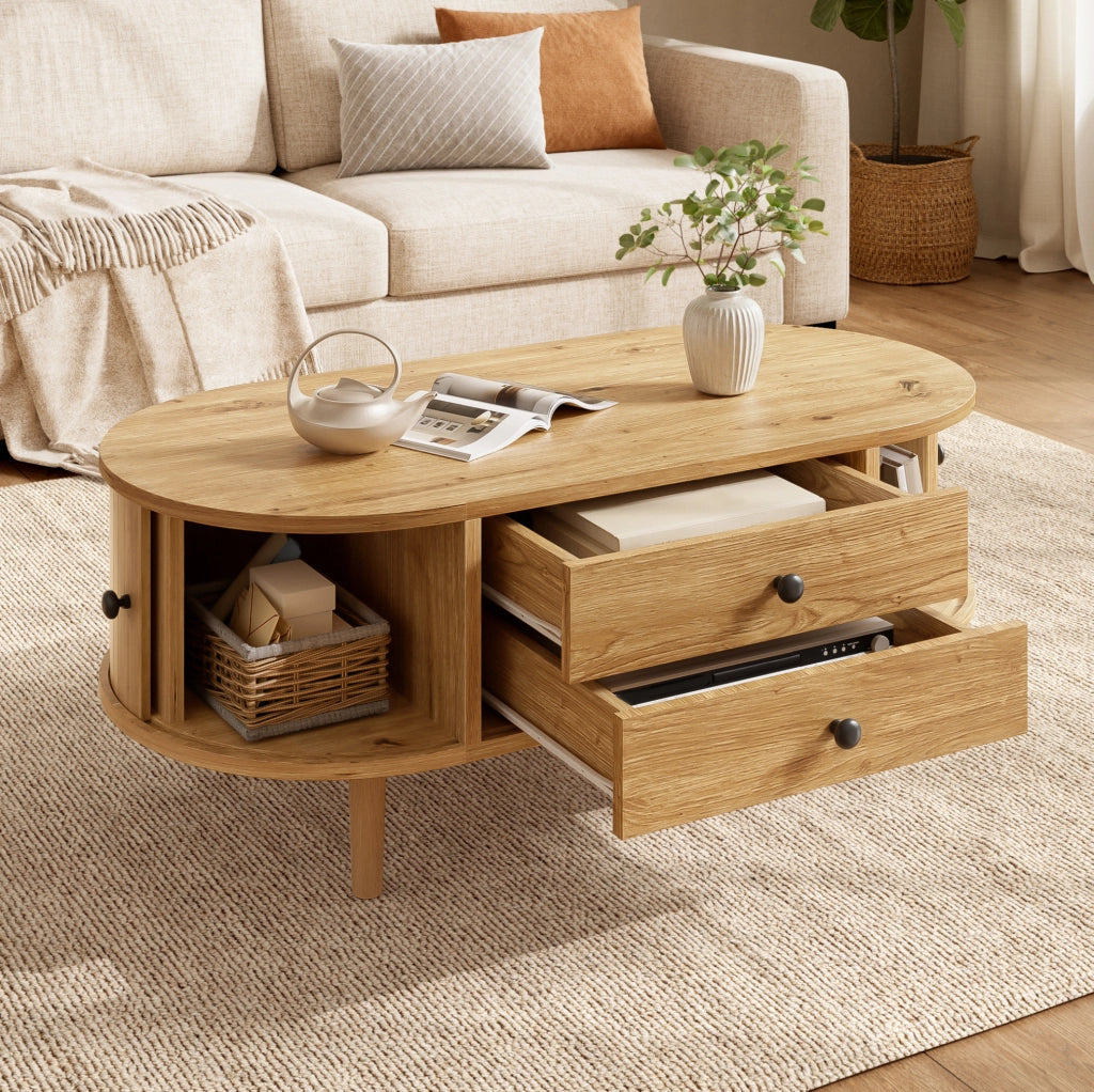 Tavolino da salotto ovale con 2 cassetti e ante scorrevoli; MDF; colore rovere