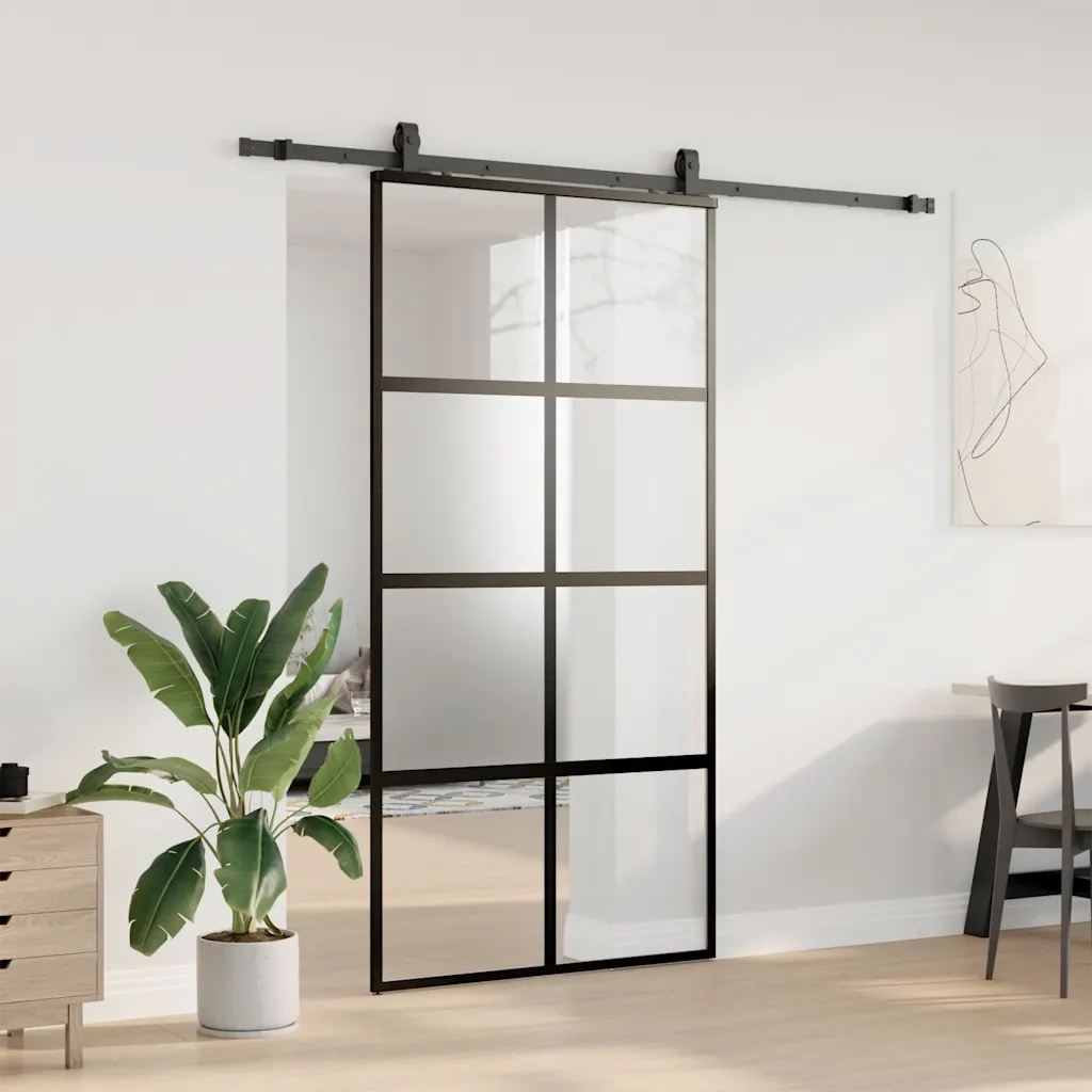 Porta Scorrevole Ferramenta Nera 102,5x205 cm Vetro Temperato