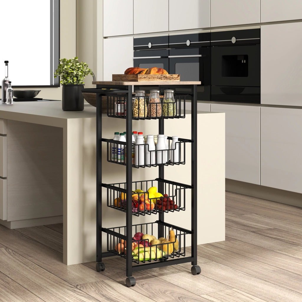 Carrello da Cucina Salvaspazio in Acciaio e Legno con 4 Cestini Estraibili e Ruote con Freno 49.5x31x91 cm Rovere