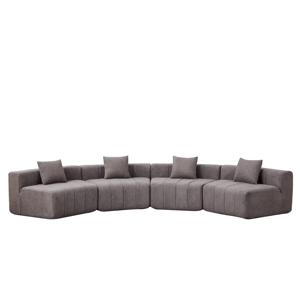 Divano modulare curvo 383,5x83,8x73,6 cm in ciniglia grigia con 2 cuscini