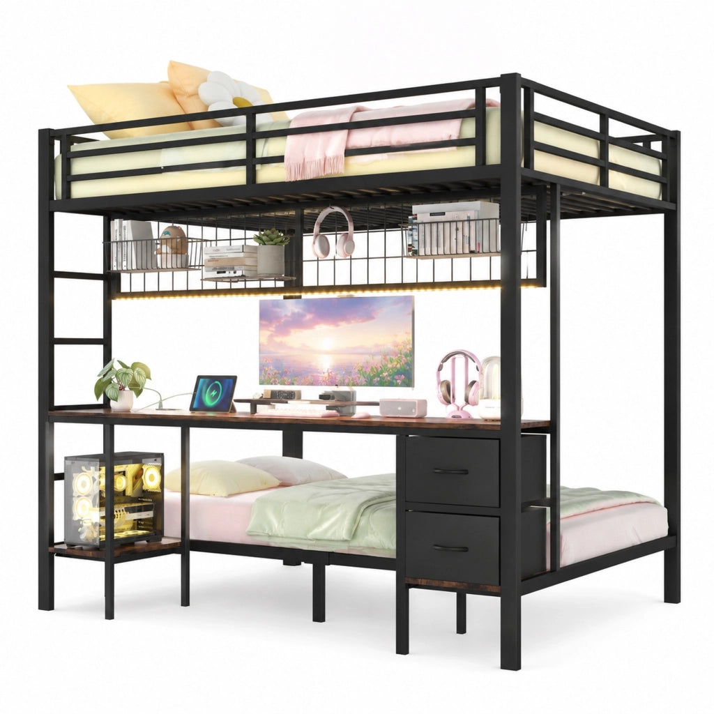 Letto a soppalco 140x200 cm con scrivania; cassetti e LED RGB in metallo e MDF nero