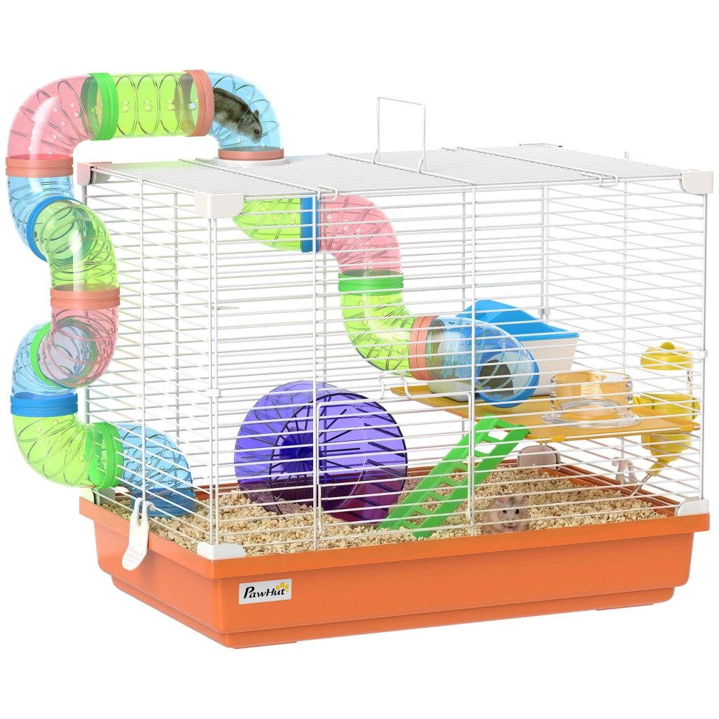 Cage à Hamster Rongeur 2 Niveaux avec Tunnel, Biberon d'Eau, Roue, Maisonnette, Échelles, 46 x 30 x 37 cm, Orange
