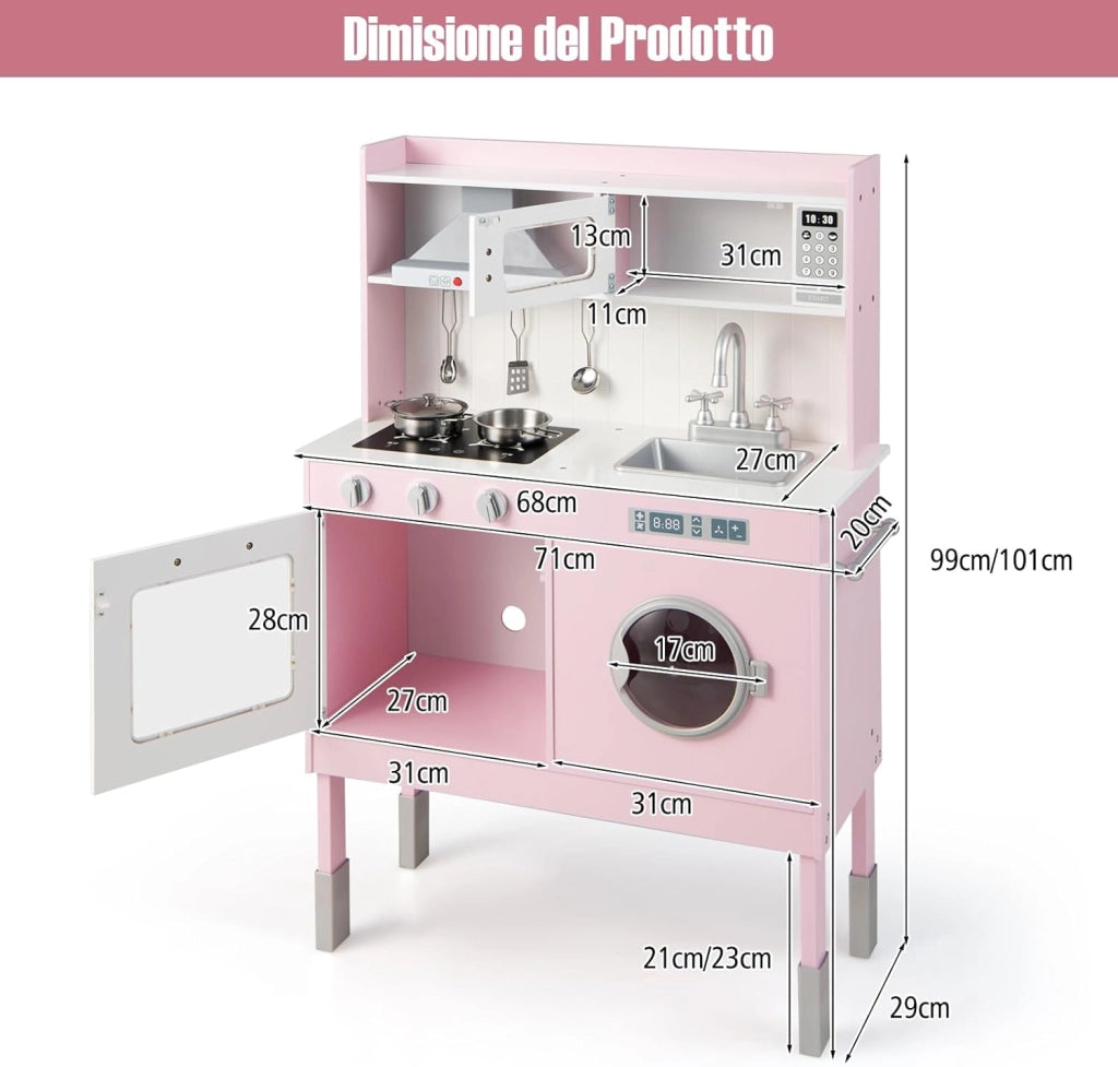 COSTWAYCucina Giocattolo con Cappa e Lavatrice, Cucina Giocattolo con Accessori Adorabili Suoni e Luci Reali, Set Cucina Chef in Legno per Bambini, Regalo per Età 3+ Rosa