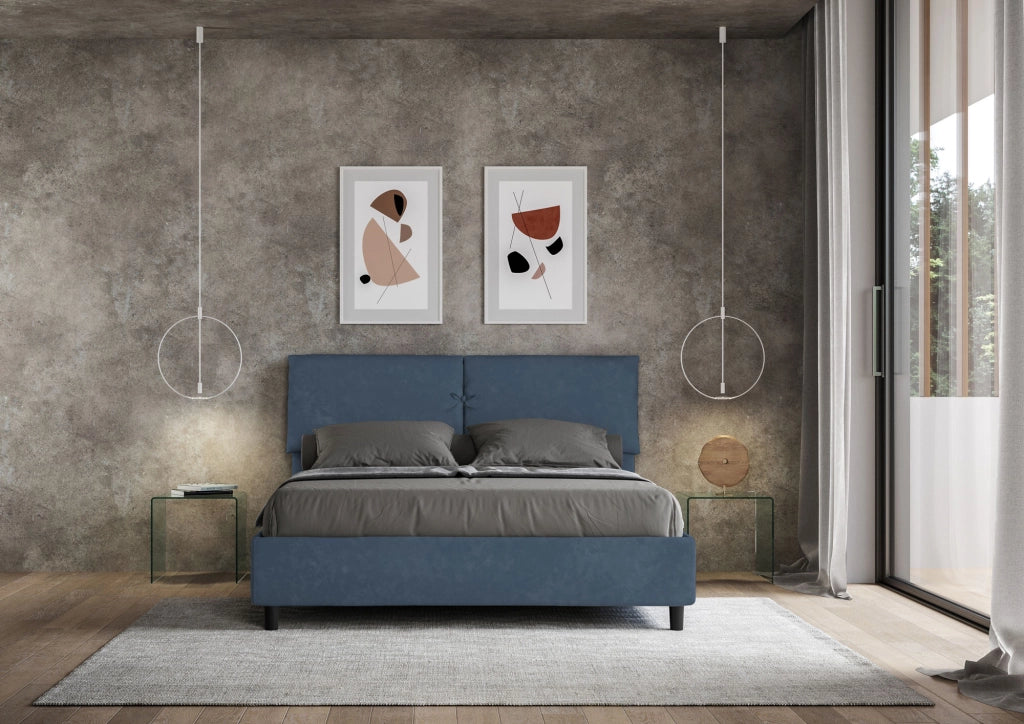 BS COM Letto matrimoniale contenitore imbottito 160x210 microfibra blu