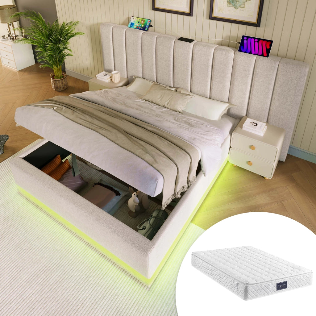 Letto contenitore matrimoniale 160 × 200 cm con apertura idraulica, LED 360°, USB e tipo C, senza materasso, beige
