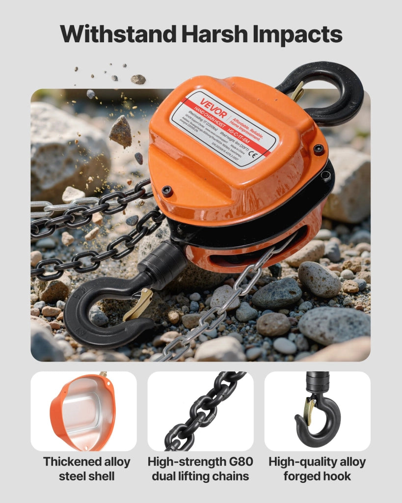 Paranco a Catena Manuale HS-C-1T-6M 1 T Sollevamento 6 m Catena G80 in Acciaio Legato per Officina e Magazzino Arancione