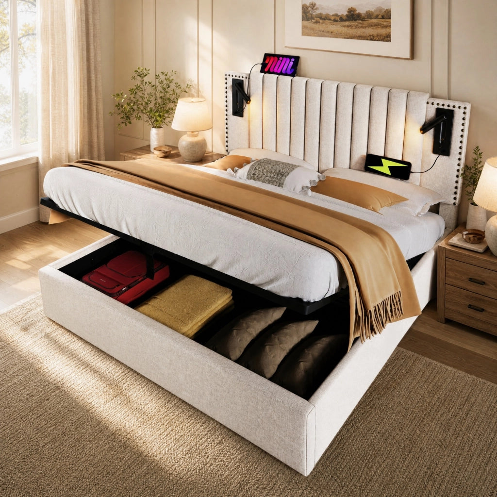 Letto contenitore 140 × 200 cm con luce da lettura e 2 USB + 2 Type-C; cotone beige
