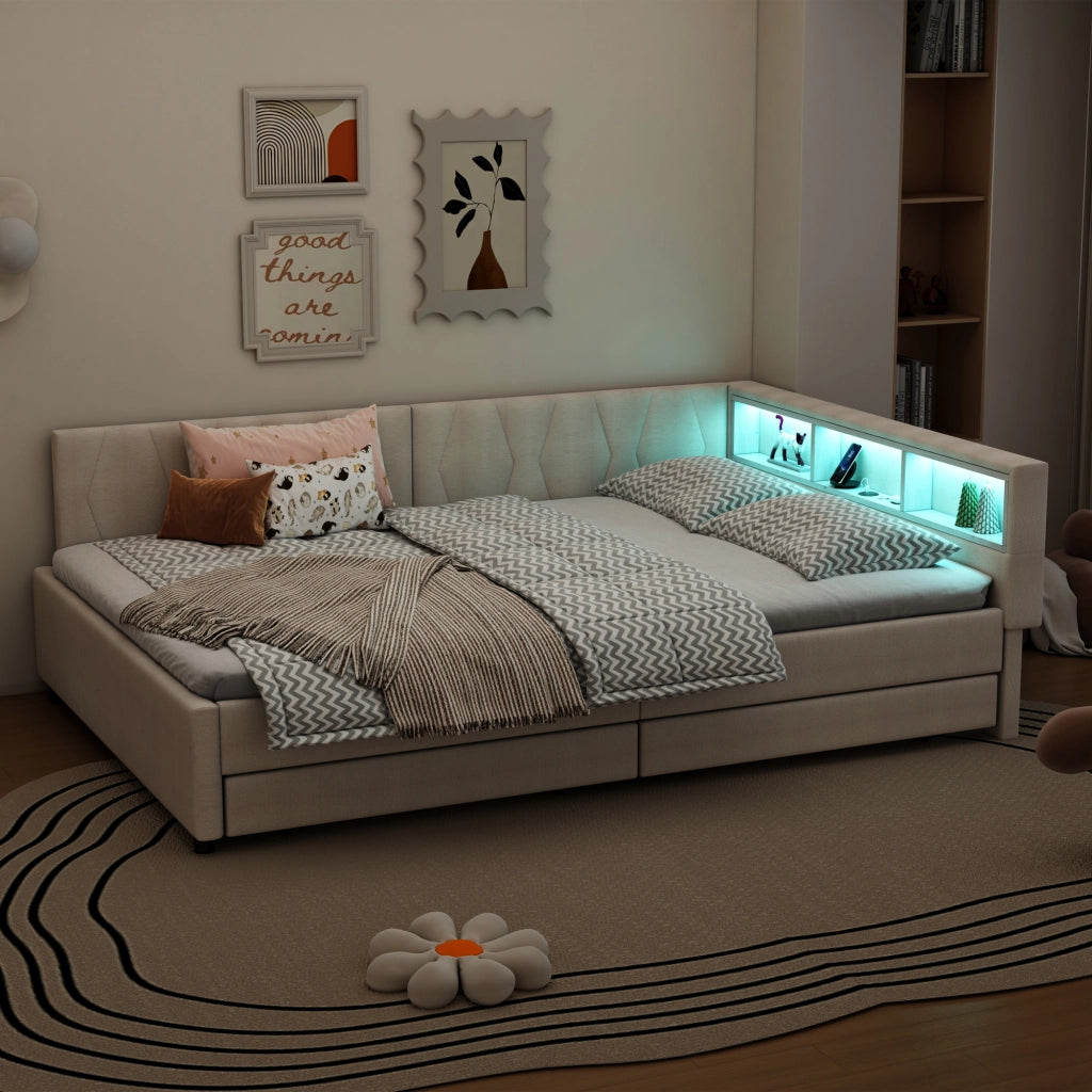 Letto con cassetti 140 × 200 cm con LED USB e Type-C in lino e MDF beige
