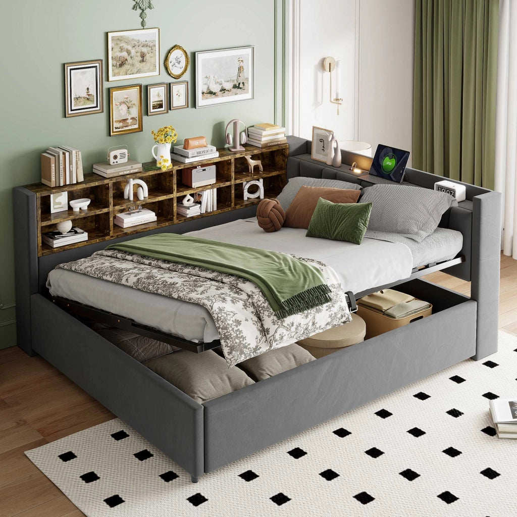 Letto divano 140x200 cm con contenitore; luce notturna; USB e Type-C; in velluto; grigio scuro