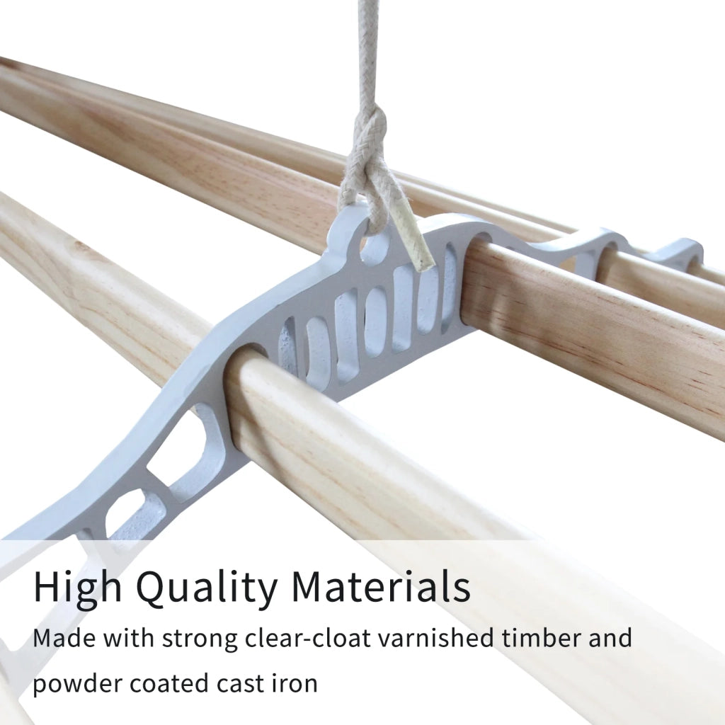 Stendibiancheria da Soffitto con 6 Stecche Legno 140cm e Supporti Ghisa Bianchi