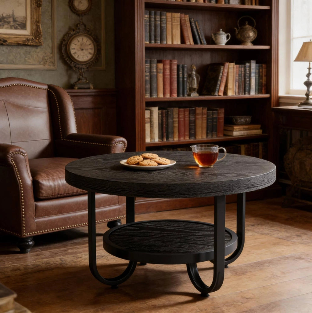Tavolino da caffè rotondo a 2 livelli nero in MDF e metallo, piano Ø 79 cm