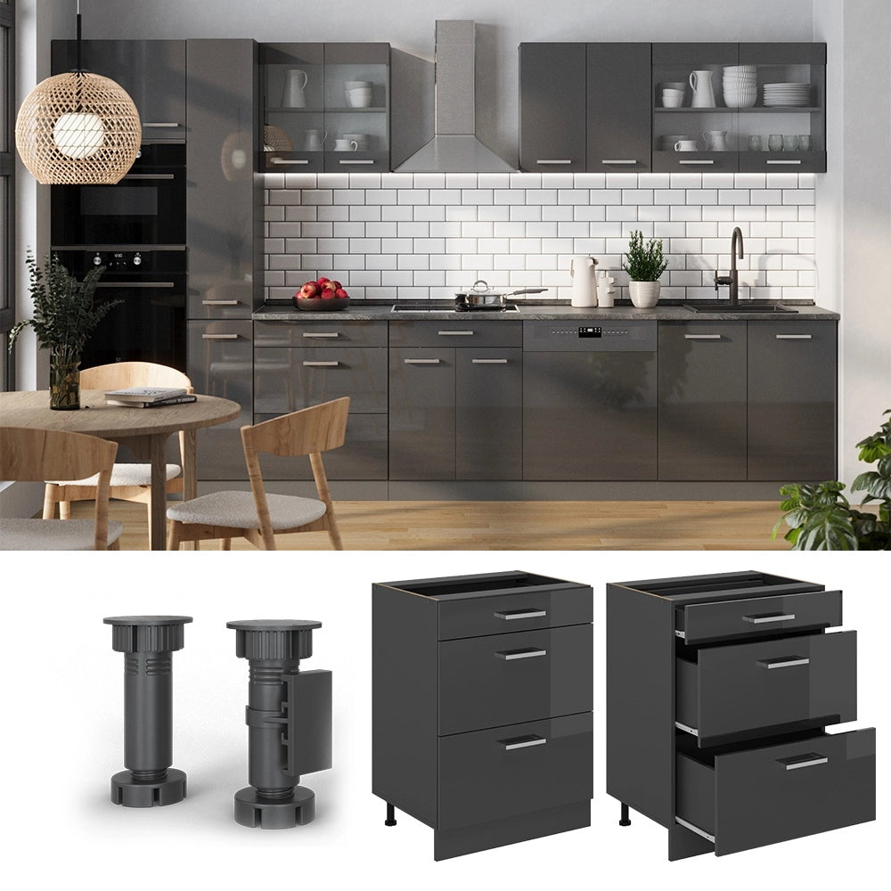 Mobiletto base per cucina R-Line Antracite lucido/Antracite 60 cm con cassetti, PL Rovere Vicco
