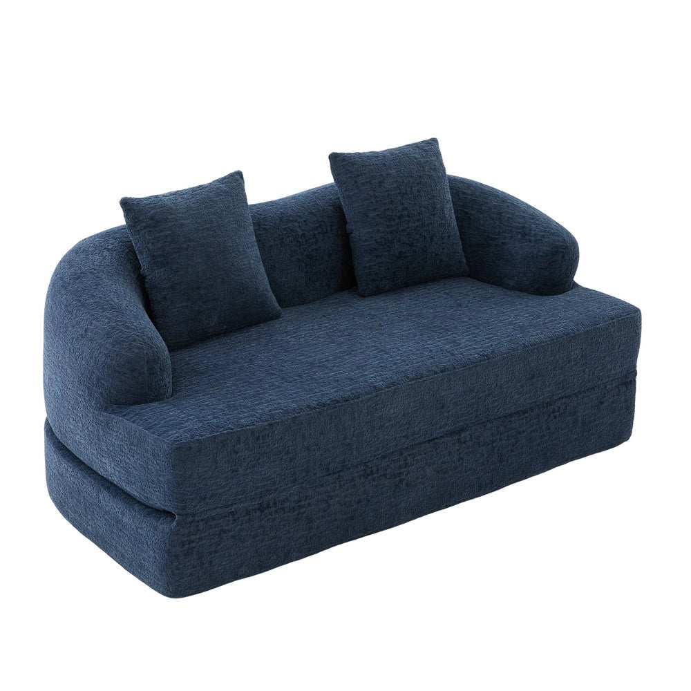 Divano letto 2 posti ¨C Minimal ¨C Chenille blu, con due cuscini