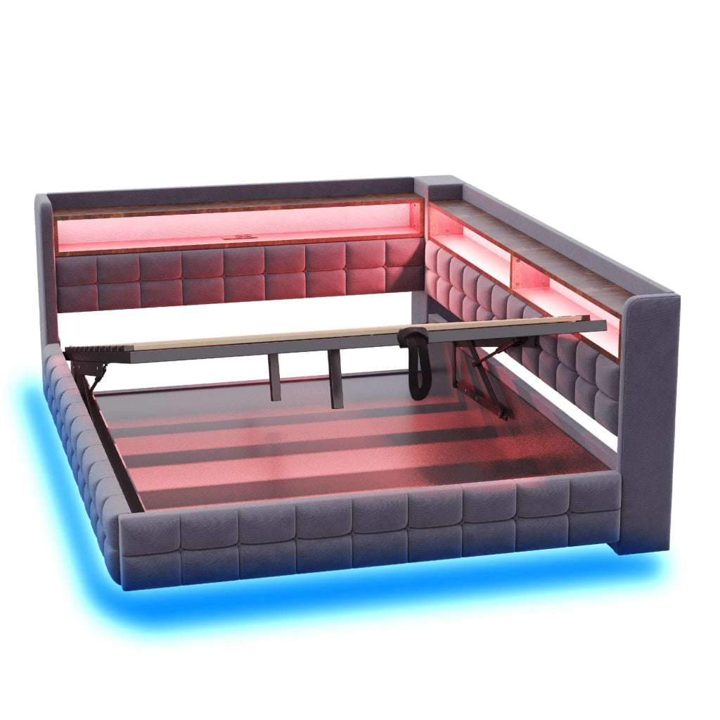 Divano letto imbottito 140x200 cm grigio con LED e contenitore