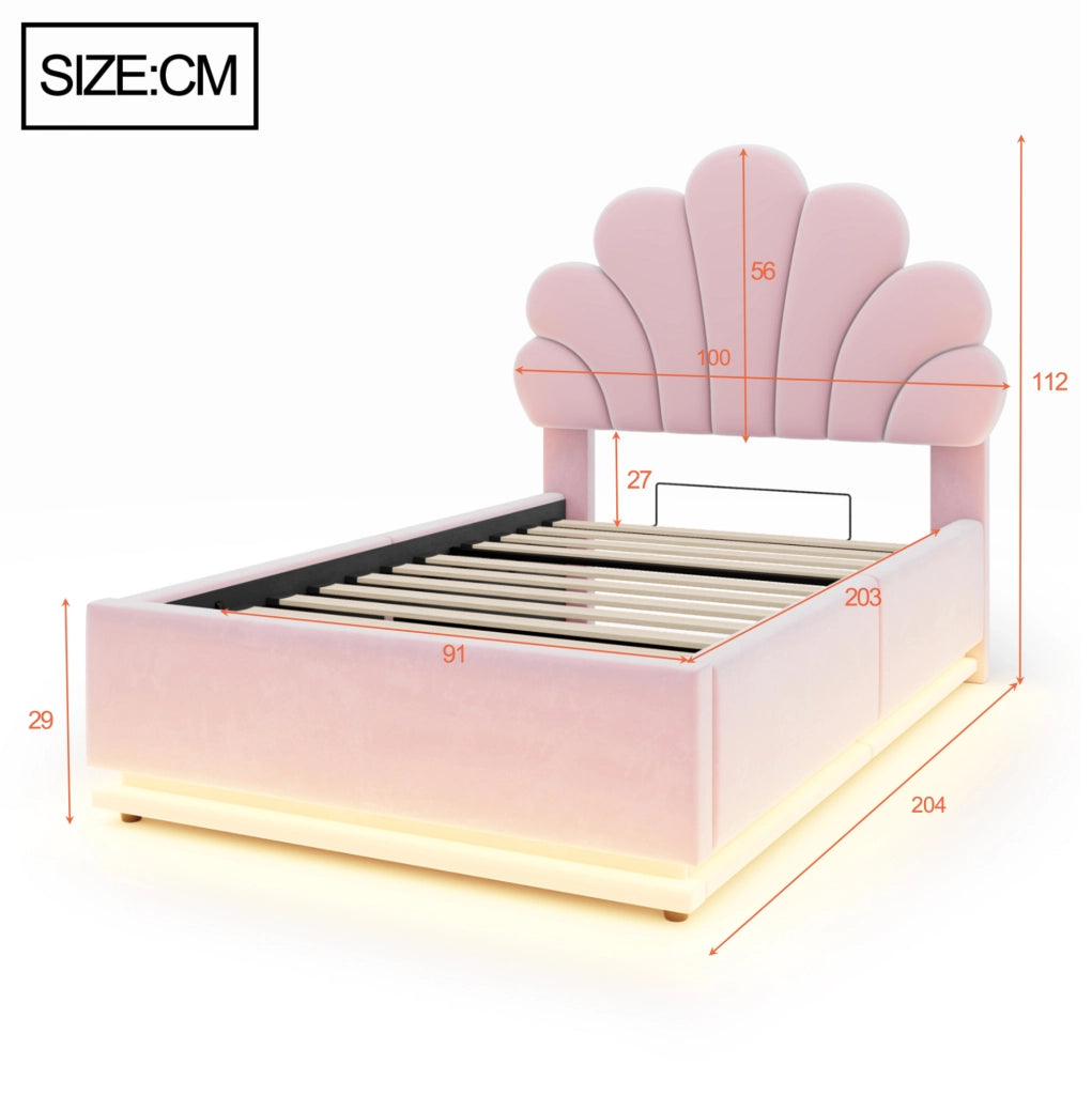 Letto imbottito 90x200 cm in velluto rosa con contenitore; LED e testiera a fiore