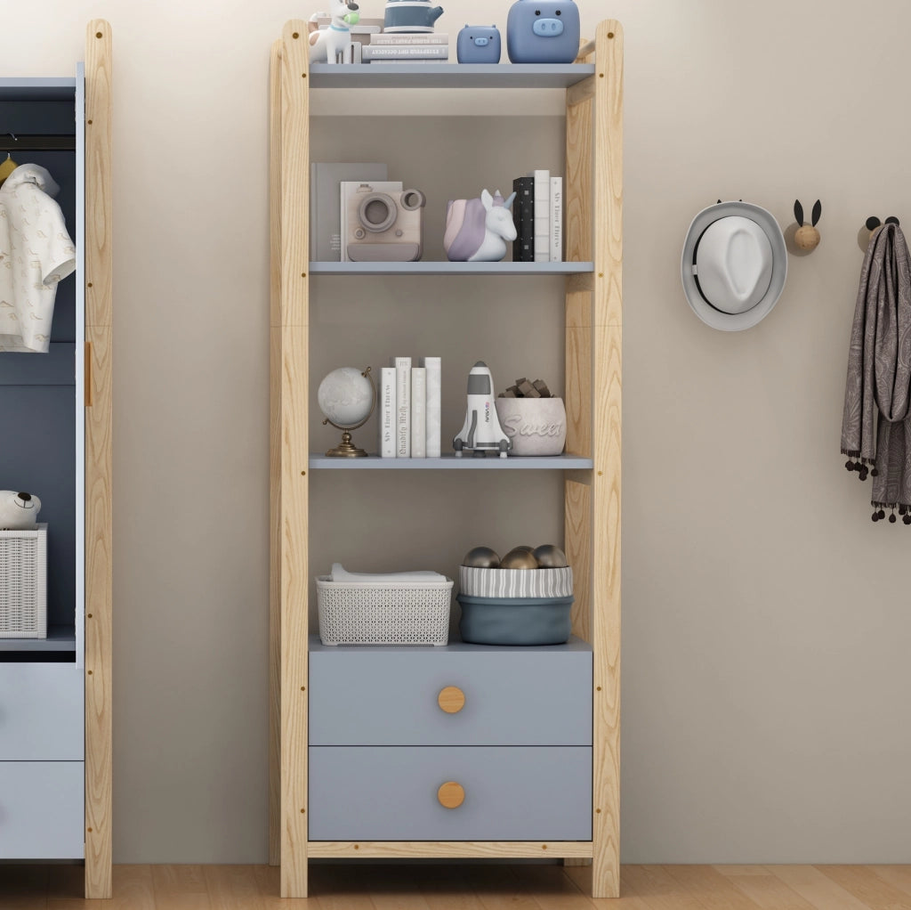 Libreria autoportante blu e legno con 4 ripiani e 2 cassetti, 70x45x180,5 cm