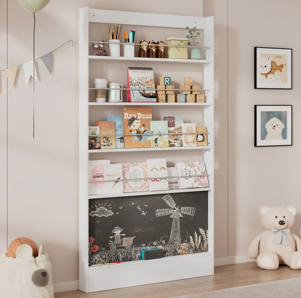 Set scrivania con 5 cassetti e libreria con lavagna 120x45x74 cm; bianco
