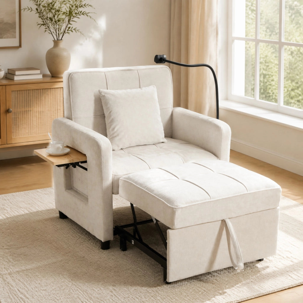 Poltrona letto convertibile 167x79x83 cm in chenille beige con bracciolo portaoggetti