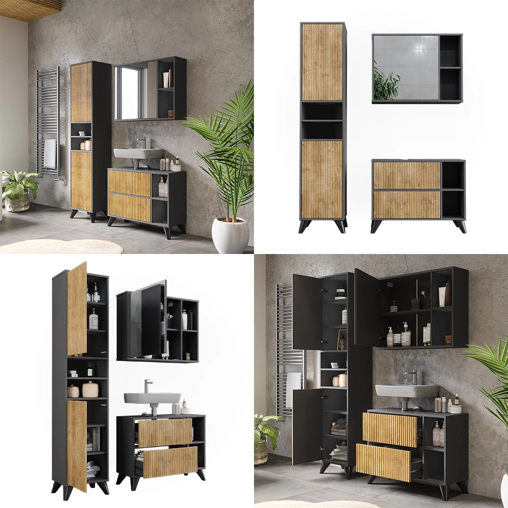 Vicco Set di mobili da bagno Antracite/quercia di montagna 80 cm, set 3