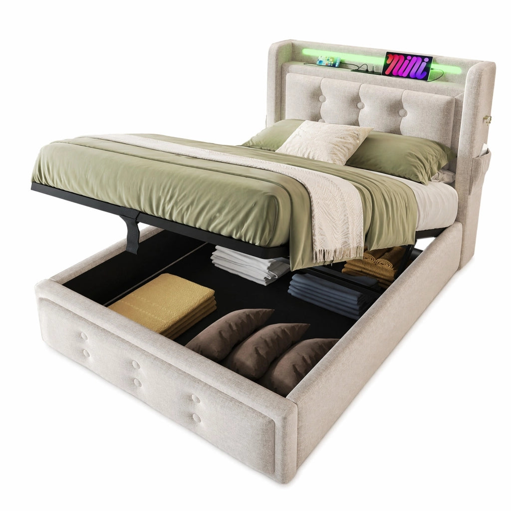 Letto singolo contenitore 90 × 200 cm con LED; USB e Type-C; cotone-lino beige