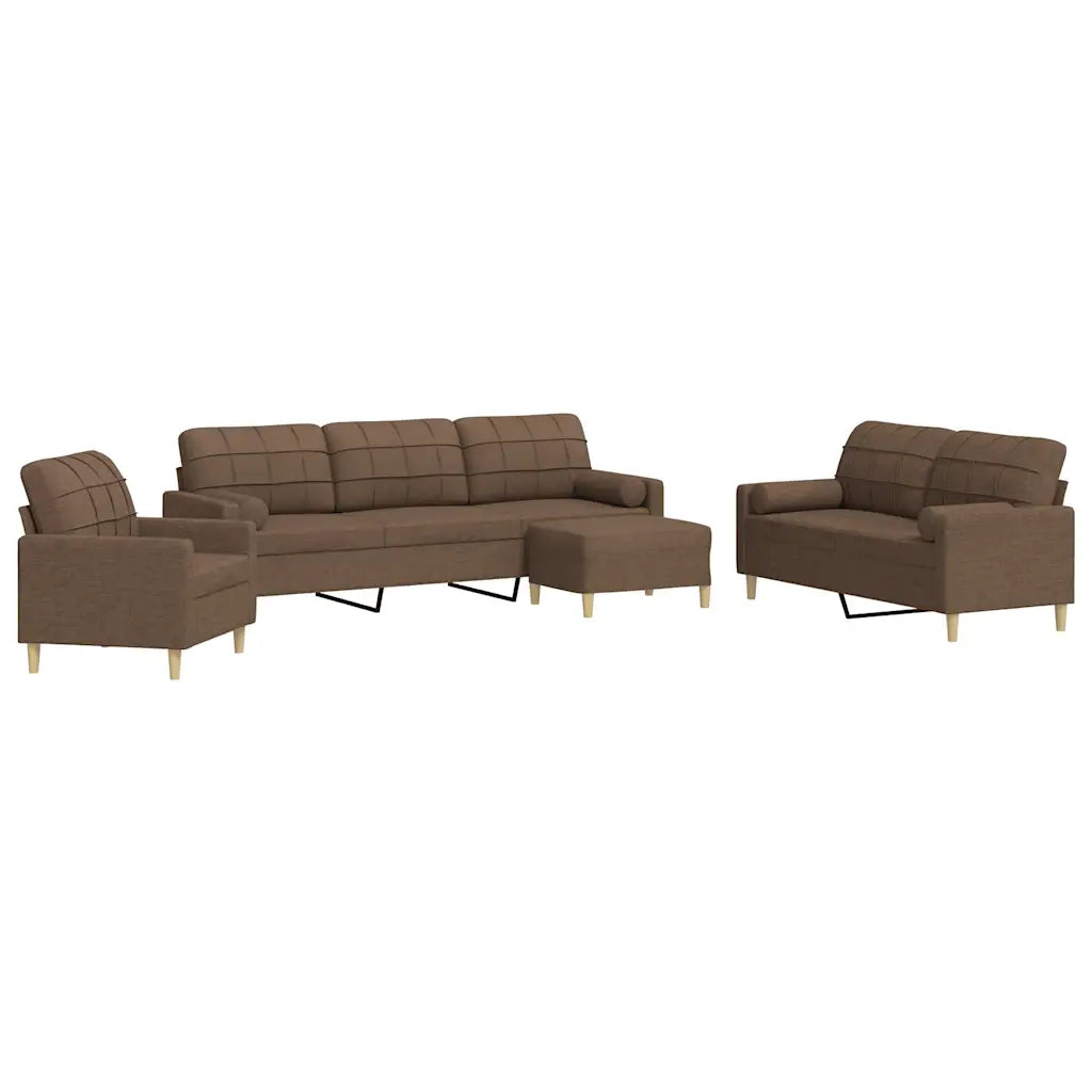 Set Divani 4 pz con Poggiapiedi e Cuscini Marrone Tessuto