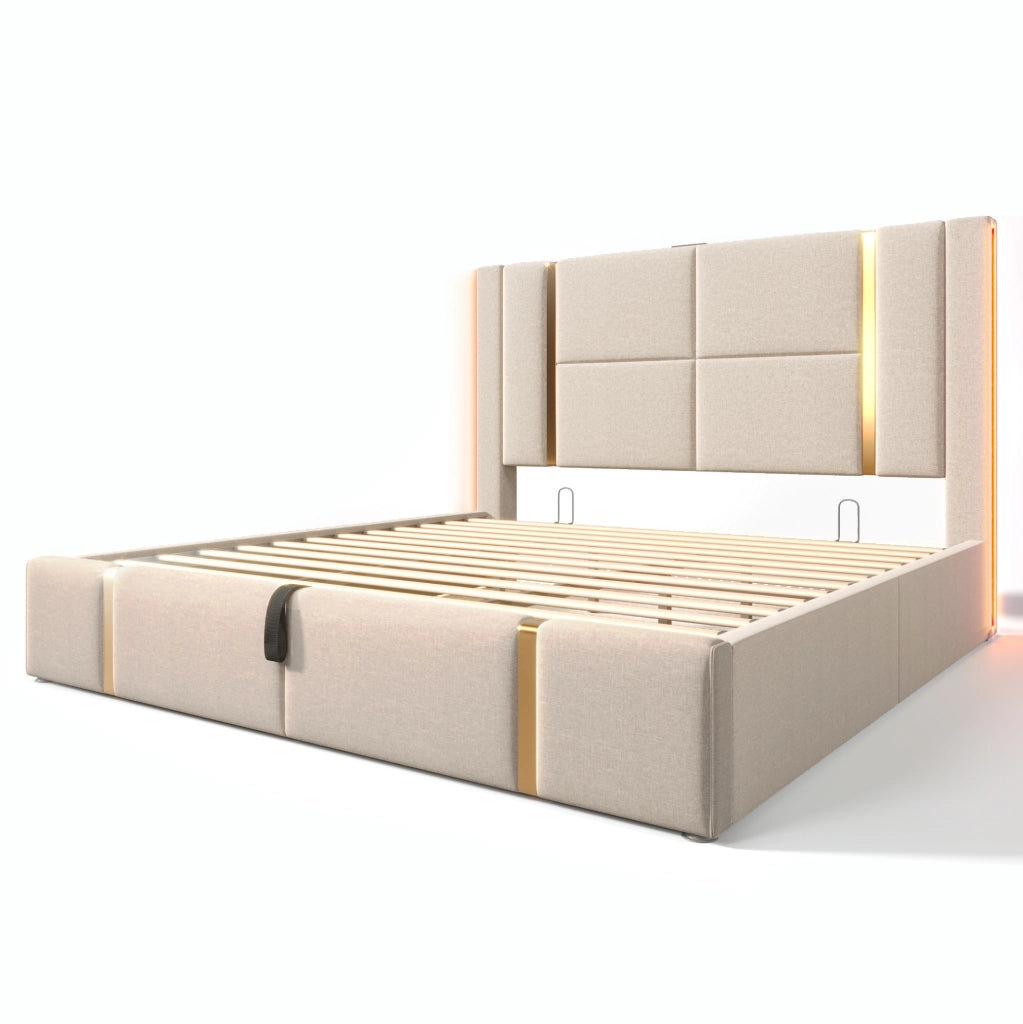 Letto imbottito matrimoniale 160x200 con LED RGB, USB e porta Type-C, contenitore sollevabile
