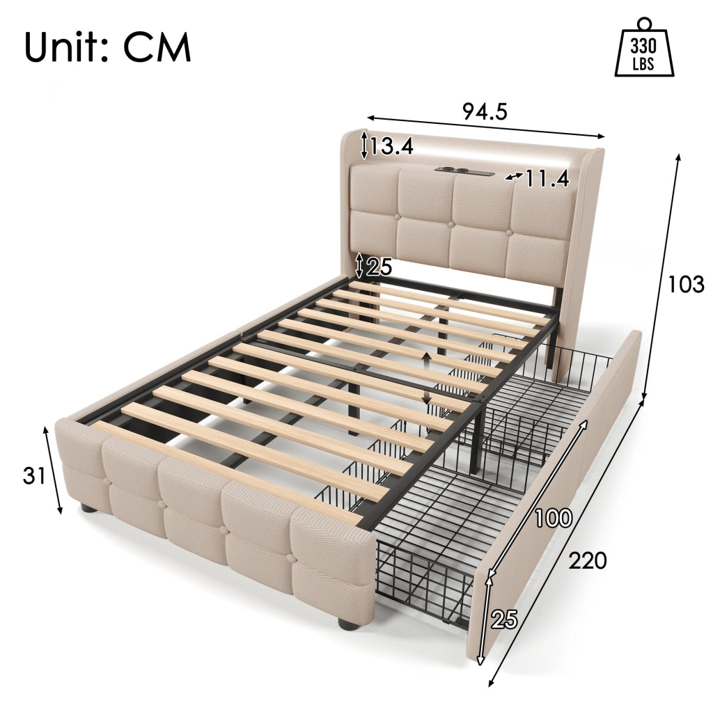 Letto singolo 90x200 cm con USB; LED e 2 cassetti; beige