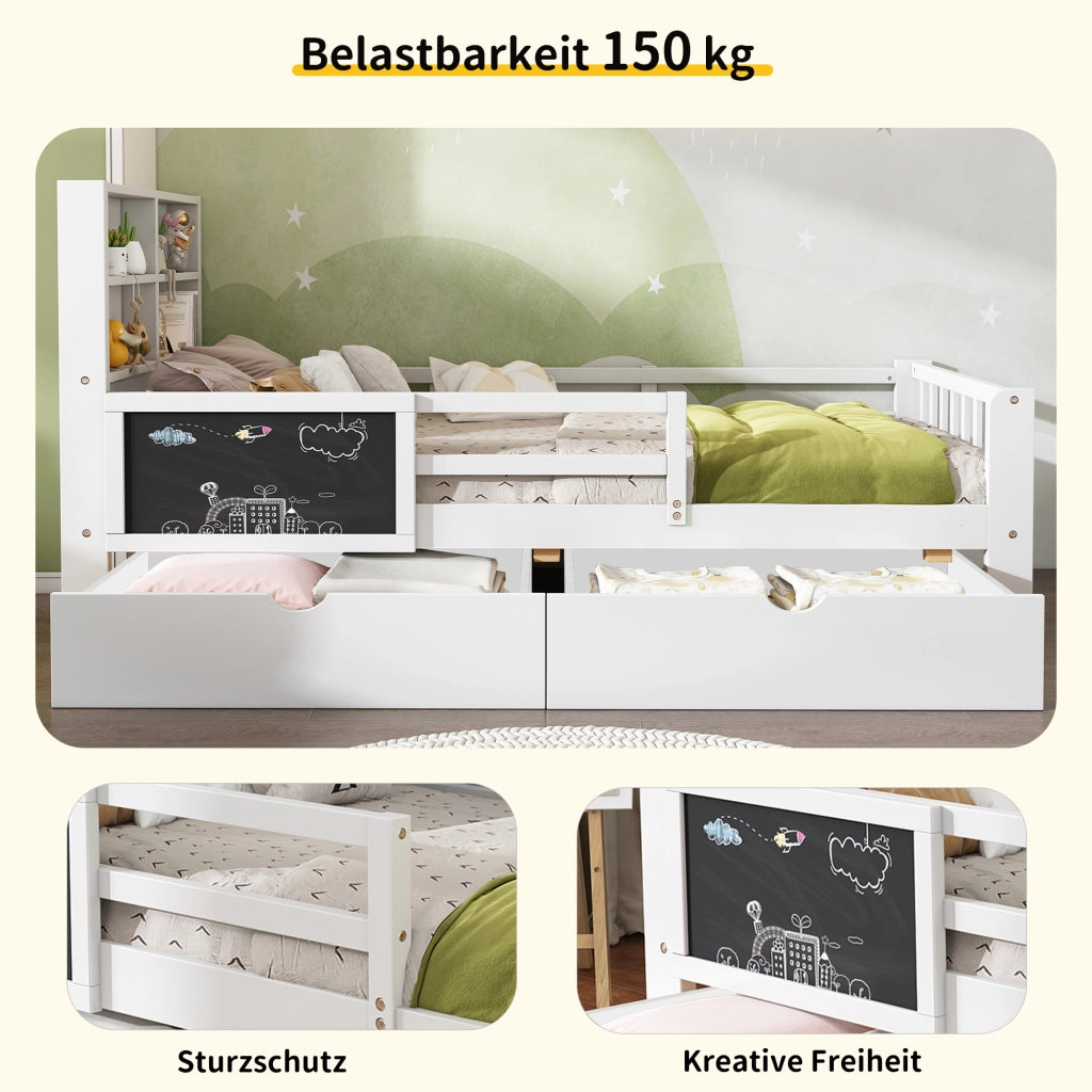 Letto per Bambini 90x200 cm con Lavagna; 2 Cassetti; Mensola e Sponda - Bianco